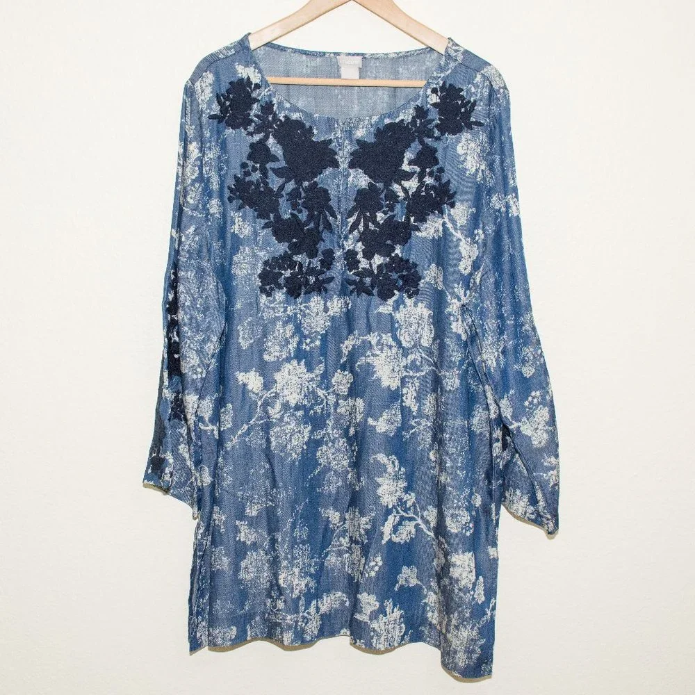 Chico's Embroidered Kurta Denim Chambray Tunic Sz 4/XXL - Picture 4 of 8